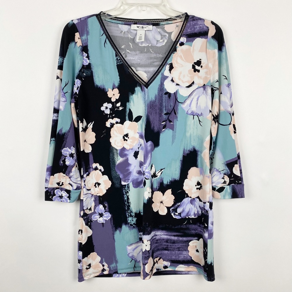 WHBM Floral V-Neck Mesh Trim 3/4 Sleeve Tunic Top Women XS Multicolor